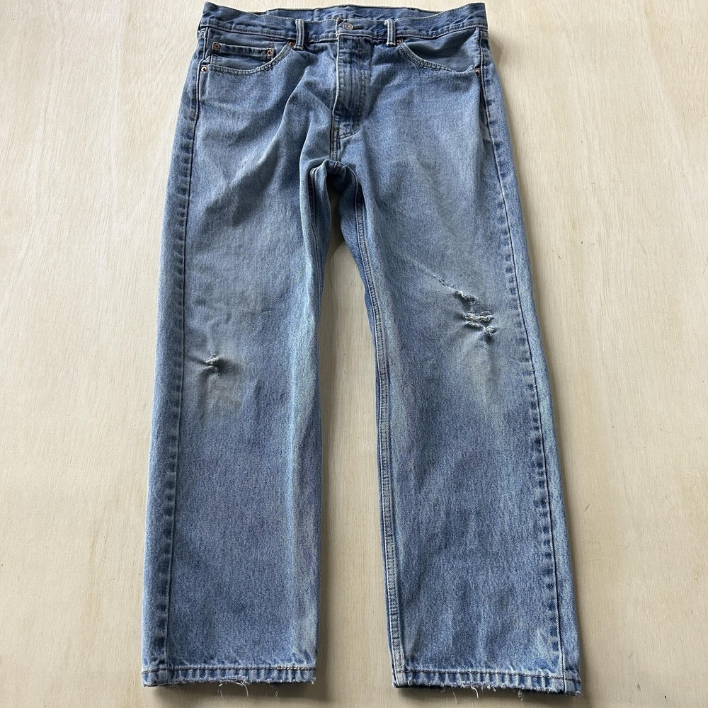 Levis 505 Jeans Mens 38x30 Medium Wash Blue Denim Regular Straight Distressed